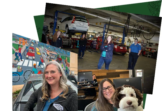 Original website photograph: Women on the Hawthorne Auto Clinic team at work and with the shop dog